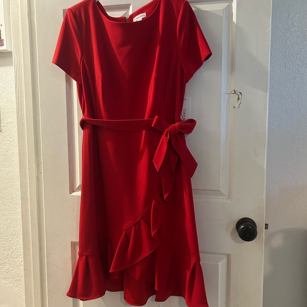 Calvin Klein Red Ruffle Wrap-Style Midi Dress with Tie